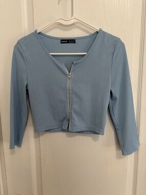 SHEIN Sky Blue Ribbed Zip-Front Cropped Long Sleeve Top